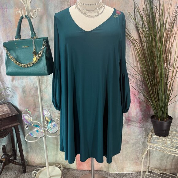 NEW 📌MN Neiman Marcus Teal Timeless Long Sleeves Plus Size Swing Dress - Picture 3 of 16